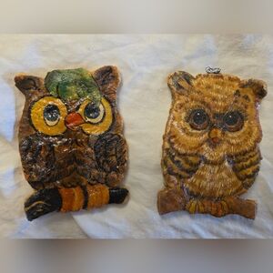 Set Of 2 Vintage Owl Wall Hangings Folk Art Decopauge 1970s Hand Made